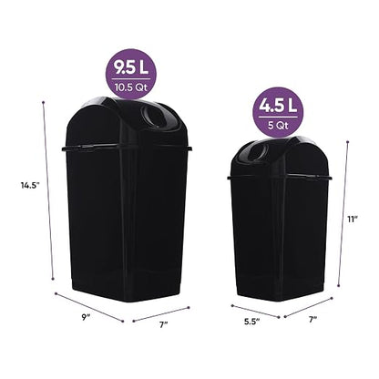 Superio Mini 1.25 Gallon and Small 2.5 Gallon Plastic Trash Cans with Swing Top Lid, Grey Waste Bin for Countertop, Desk, Vanity, Bathroom, 2 Pack (Black)
