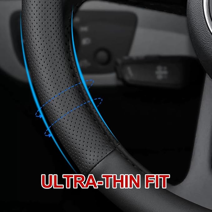 HAOTULE New Nappa Leather car Steering Wheel Cover, Anti-Slip, Safety, Soft, Breathable Full Surround Universal 15 inch Black