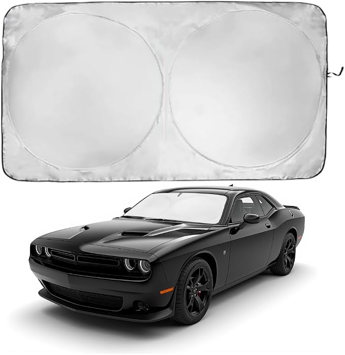 Windshield Sun Shade | Compatible for Dodge Challenger (2015–2026) | Certified 99.87% UVB & 99.02% UVA Car Sun Shade. Award Winning Sunshade - Patented Technology | Car Shades by Kinder Fluff