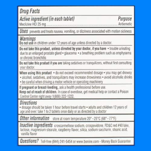 Bonine Non-Drowsy Motion Sickness Relief - Chewable Tablets with Meclizine HCL 25mg - Non Drowsy Medicine for Nausea or Motion Sickness - Cruise Essentials - Raspberry Flavor, 28 Chewable Tablets