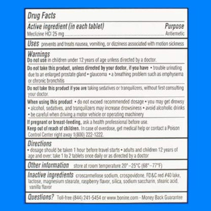 Bonine Non-Drowsy Motion Sickness Relief - Chewable Tablets with Meclizine HCL 25mg - Non Drowsy Medicine for Nausea or Motion Sickness - Cruise Essentials - Raspberry Flavor, 28 Chewable Tablets