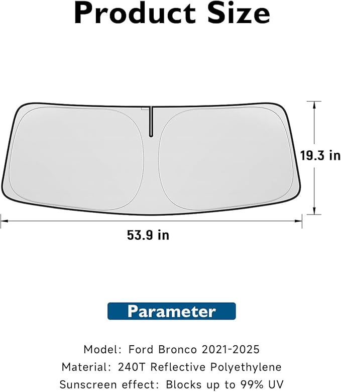 BIBLOZ Car Windshield Sun Shade for Ford Bronco 2021-2025 2026 Accessories Foldable Car Sunshade Front Windshield Sun Visor PET Reflective Material(Not for Bronco Sport)