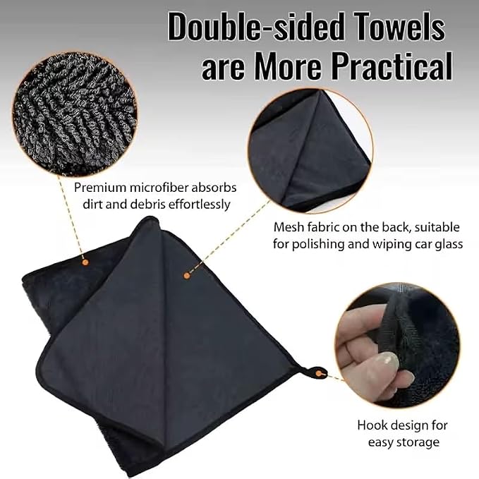 DIAOJIA 3 Pack Microfiber Car Towels (16" x 24"), 500 GSM Double-Sided Absorbent Coral Fleece Cloths for Washing, Drying & Cleaning, Streak-Free & Lint-Free(Dark Grey)
