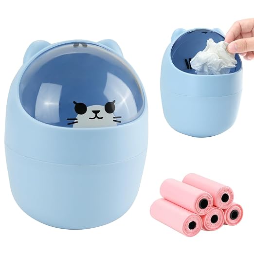 Mini Trash Can, Cute Small Trash Can with Lid, Desktop Paper Bin with 5 Rolls of Bin Liners, Portable Tabletop Dustbin, Cartoon Animal Rubbish Storage for Kitchen(Blue)