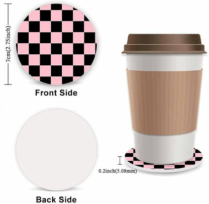 Pink and Black Checkered Steering Wheel Cover for Women, Universal Auto Steering Wheel 14-15 Inch Car Interior Accessories with 2PCS Car Coasters, Suitable for Men and Women