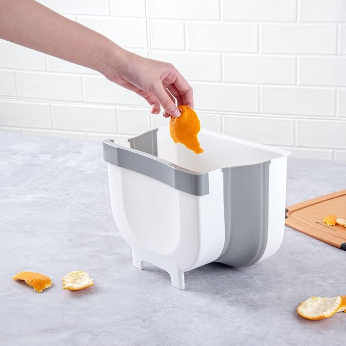 Restaurantware RW Base 10 x 7.2 x 7.3 Inch Foldable Trash Bin 1 Collapsible Mini Trash Can - Mountable U-Shaped Slot Gray Plastic Trash Can Detachable Retainer Plate With Fixed Feet