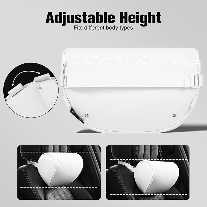 HOPON 2025 Upgrade Headrest Pillow for Tesla Model 3 Model Y with Adjustable Strap,Fits All Vehicles,Car Neck Pillow with Leather,for Head,Neck,Shoulders,Multipurpose,Car Accessories 1 Pack (White)