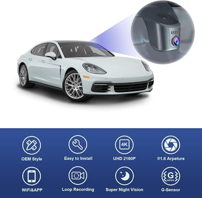 Fitcamx 4K Dash Cam Suitable for Porsche 911 992 Cayenne 9YA 9Y0 9Y3 Panamera 971 Taycan (Model A), OEM Look, 2160P UHD Video, Built-in WiFi & APP, Loop Recording, Parking Sensor, 64GB Card