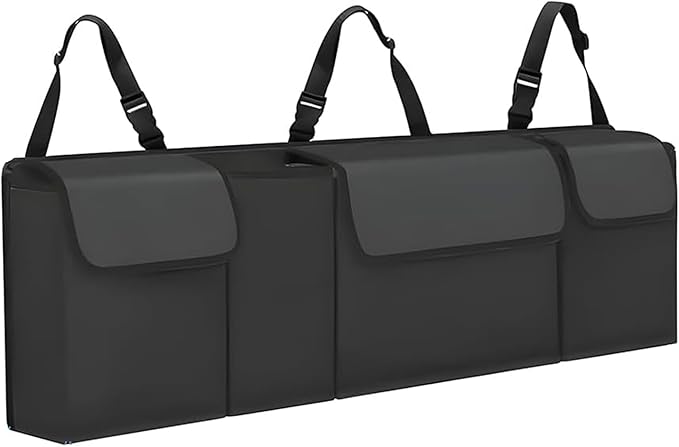 Car Trunk Organizer, Waterproof Backseat Hanging Large Storage with Adjustable Straps, Collapsible Cargo Bag with 4 Pockets, Car Interior Accessories for Truck, SUV, MPV (Black)