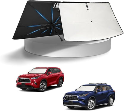 KUST Sun Shade Umbrella for Toyota Highlander 2020-2025 2026 | Custom Fit Windshield Sunshade | Foldable Sunshade with Bendable Handle | Blocks Heat & UV Rays Keep Car Cool Sunshield