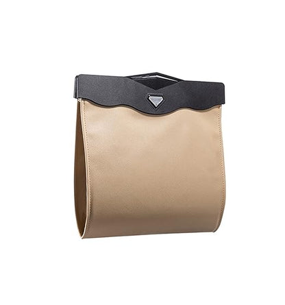Car Trash Bin w/50pcs Trash Bags - LED Luxury Leather Garbage Can - Folding, Waterproof - Khaki