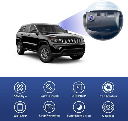 Fitcamx 4K Dash Cam Suitable for Jeep Grand Cherokee 2018-2021 & SRT (HD2-D7600), OEM Factory Look, UHD 2160P Video, Built-in WiFi & APP, Loop Recording, Gravity Sensor, Easy to Install, 64GB Card