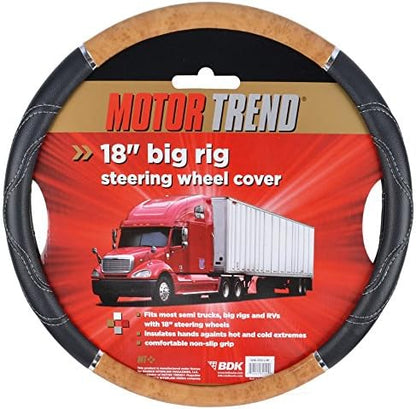BDK Motor Trend Ergonomic Heavy Duty Large Steering Wheel Cover for Trucks Big Rigs Bus 18" Inch Large Steering Wheel, Light Wood with Black Leather Grip, Improve Grip Anti-Fatigue for Long Drives