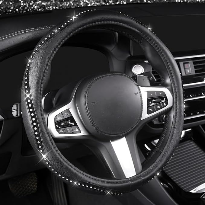 AUTOYOUTH Bling Steering Wheel Cover - Crystal Studded Rhinestone Non-Slip Breathable Design for Women/Girls, Universal Fit 14.5-15 Inch Black