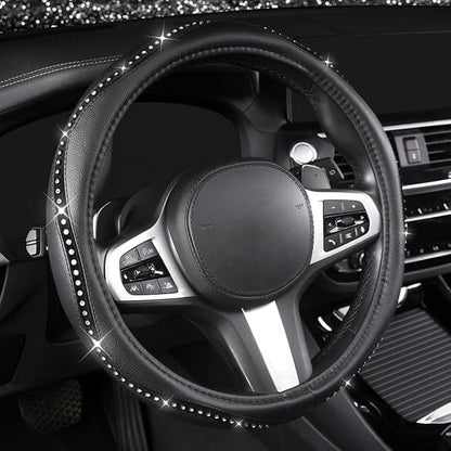 AUTOYOUTH Bling Steering Wheel Cover - Crystal Studded Rhinestone Non-Slip Breathable Design for Women/Girls, Universal Fit 14.5-15 Inch Black