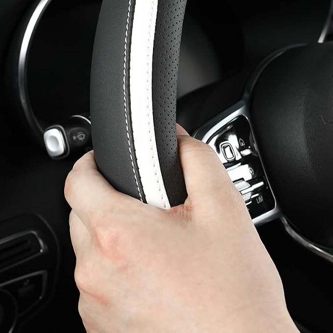 Car Steering Wheel Cover, Leather Steering Wheel Cover White Universal 14.5-15 Inch Microfiber Leather Anti-Slip Breathable Auto Steering Wheel Covers for Men Women(Black & White)