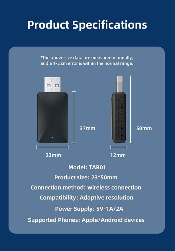 Wireless CarPlay Adapter-Convert Wired CarPlay to Wireless,Stable Connection and Mini Size,Plug & Play,50% Lower Temperature,Auto-Reconnect,Compatible with iPhone & Android & Cars 2015+