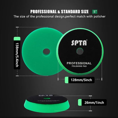 SPTA Green T120 Heavy-Cut Polishing Foam Pad, 1Pc 5.5 Inch Face for 5 Inch 125mm Backing Plate Compound Buffing Sponge Pads for Car Buffer Polisher Compounding, Polishing and Waxing -FPBFS5G