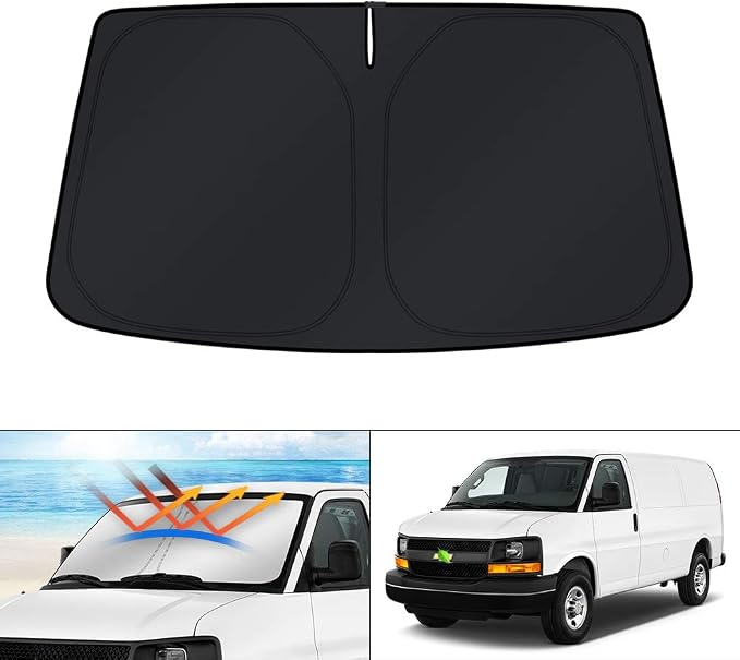 KUST Windshield Sun Shade for 1996-2025 2026 Chevrolet Chevy Express 1500 2500 3500 4500 / GMC Savana Accessories Custom Fit Sunshade Express Foldable Blocks UV Rays Keep Cars Cooler