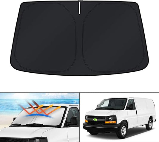 KUST Windshield Sun Shade for 1996-2025 2026 Chevrolet Chevy Express 1500 2500 3500 4500 / GMC Savana Accessories Custom Fit Sunshade Express Foldable Blocks UV Rays Keep Cars Cooler