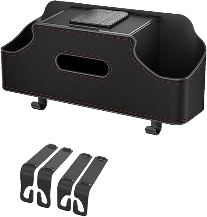 Car Seat Back Organizer, 3-in-1 Vehicle Backseat Storage Box with Cup Holder Tissue Box Trash Bin & Hooks, Multifunctional Auto Interior Headrest Organizer, Universal for SUV RV Truck (Black)