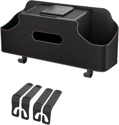 Car Seat Back Organizer, 3-in-1 Vehicle Backseat Storage Box with Cup Holder Tissue Box Trash Bin & Hooks, Multifunctional Auto Interior Headrest Organizer, Universal for SUV RV Truck (Black)