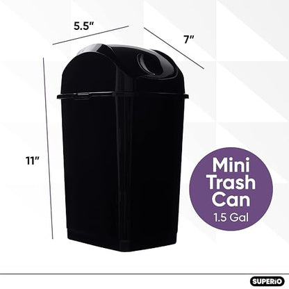 Superio Mini Desktop Trash Can with Swing Top Lid Portable Plastic Garbage Can for Countertop, Desktop, Make up Vanity, Bathroom, Car, Under Sink, Dorm Compact Waste Bin 5 L 1.25 Gal (2, Black)