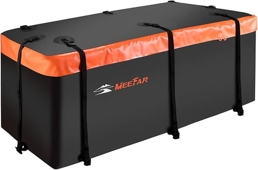 MeeFar Hitch Mount Cargo Carrier Bag Soft Shell 100% Waterproof 16 Cubic Feet (58" 24" 19") Include 8 Reinforced Straps for Truck Pickup All Vehicle with Steel Cargo Basket