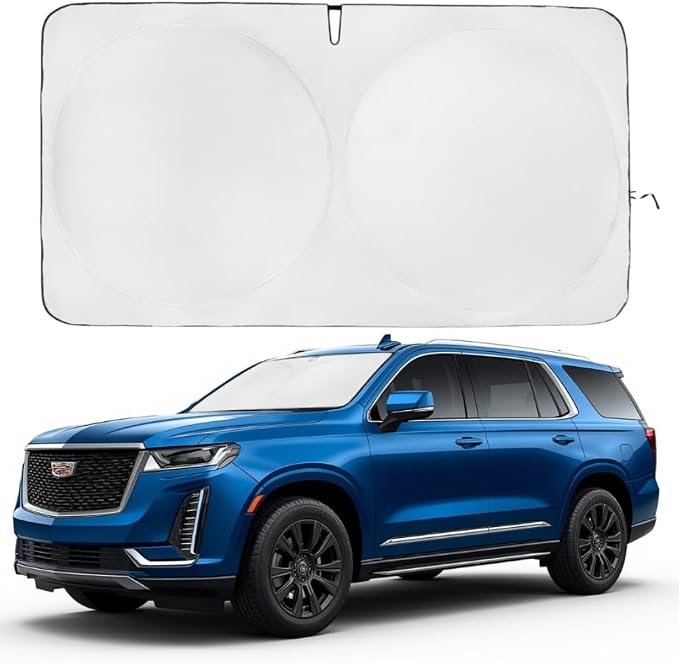 Windshield Sun Shade | Compatible for Cadillac Escalade (2021-2026) | Certified 99.87% UVB & 99.02% UVA Car Sun Shade. Award Winning Sunshade - Patented Technology | Car Shades by Kinder Fluff