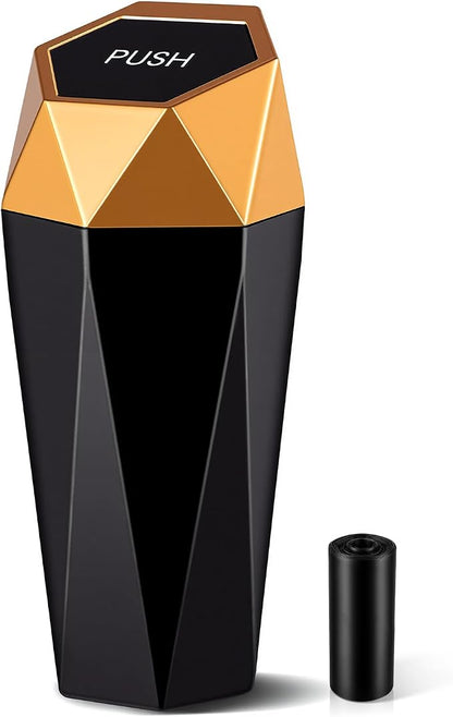JUSTTOP Car Trash Can with Lid, Mini Diamond Design Portable Trash Can, Plastic Material and Multipurpose Organizers for Car,Home,Office(Gold)