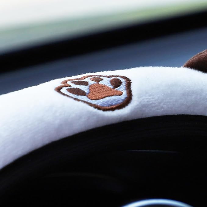 Bittwee Car Steering Wheel Cover, Fluffy Soft Plush for Winter Warm, Cute Steering Wheel Protector with Kitty Cat Ears, Universal 15 Inch, Elastic & Anti-Slip, Lovely Decor Car Accessories (Coffee)
