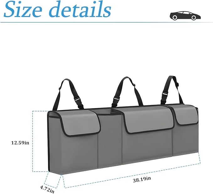 AUCELI Car Trunk Organizer, Backseat Hanging Large Storage with Adjustable Straps, Waterproof Collapsible Cargo Bag with 4 Pockets, Sturdy Space Saver Frees Trunk Floor for SUV, Truck, MPV