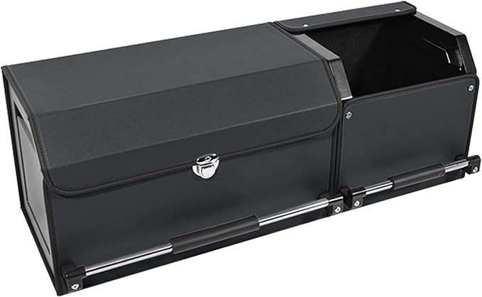 Car Trunk Organizer, Leather Trunk Organizer for SUV with Lid and Sturdy Handle Collapsible Adjustable Storage (Black, 33 x 11.4 x 12.2in)