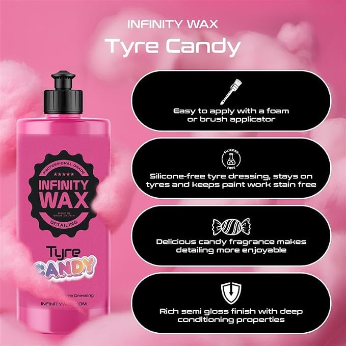 Infinity Wax Tire Candy 1L Shiny Hoop Gel Candy Scent Thick Water Based Silicone Free Tyre Dressing, Strapless OEM Look, Large Size for Detailer