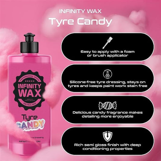 Infinity Wax Tire Candy 1L Shiny Hoop Gel Candy Scent Thick Water Based Silicone Free Tyre Dressing, Strapless OEM Look, Large Size for Detailer