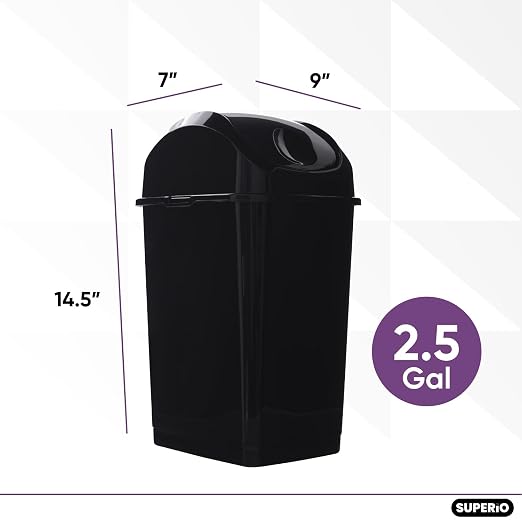 Superio Small 2.5 Gallon Plastic Trash Can with Swing Top Lid, Compact Slim Waste Bin for Under Desk, Office, Bedroom, Bathroom, Dorm Room, 10 Qt. Portable Garbage Can (Black, 2 Pack)