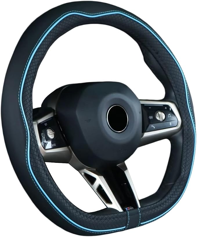 Mayco Bell Flat Bottom Steering Wheel Cover Anti-Slip,Safety,Soft,Breathable,Durable,Full Surround,Comfortable Grip Microfiber Leather (D-Shape, Black Blue)