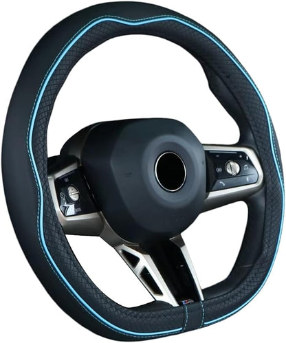Mayco Bell Flat Bottom Steering Wheel Cover Anti-Slip,Safety,Soft,Breathable,Durable,Full Surround,Comfortable Grip Microfiber Leather (D-Shape, Black Blue)