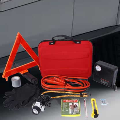 ZeHuoGe Auto Emergency Kit, Emergency Car Kit with 12V Portable Air Compressor,12 FT Booster Cable, Pen Style Tire Gauge,Reflective Warning Triangle,27pc First Aid Kit