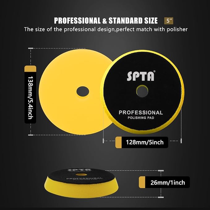 SPTA Yellow T80 High-Cut Foam Polishing Pad, 1Pc 5.5 Inch Face for 5 Inch 125mm Backing Plate Compound Buffing Sponge Pads for Car Buffer Polisher Compounding, Polishing and Waxing -FPBFS5Y