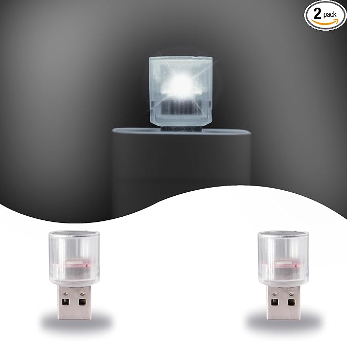 USB LED Car Interior Night Light, 2 PCs, Atmosphere Lamp, Mini Decoration Lights, Ambient Atmosphere Night Lamp, USB Night Light for All Car Interiors (White)