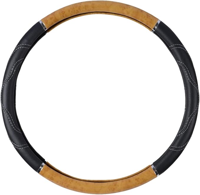 BDK Motor Trend Ergonomic Heavy Duty Large Steering Wheel Cover for Trucks Big Rigs Bus 18" Inch Large Steering Wheel, Light Wood with Black Leather Grip, Improve Grip Anti-Fatigue for Long Drives
