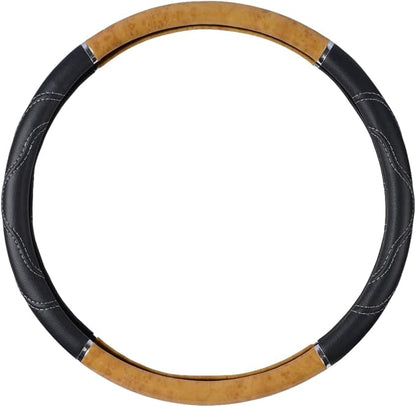 BDK Motor Trend Ergonomic Heavy Duty Large Steering Wheel Cover for Trucks Big Rigs Bus 18" Inch Large Steering Wheel, Light Wood with Black Leather Grip, Improve Grip Anti-Fatigue for Long Drives