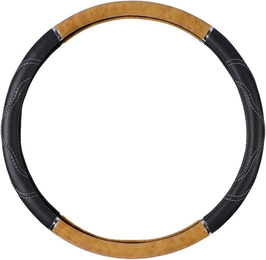 BDK Motor Trend Ergonomic Heavy Duty Large Steering Wheel Cover for Trucks Big Rigs Bus 18" Inch Large Steering Wheel, Light Wood with Black Leather Grip, Improve Grip Anti-Fatigue for Long Drives