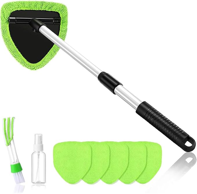 Windshield Cleaning Tool, Extendable Handle Car Window Cleaner with 5 Reusable and Washable Microfiber Pads, Auto Glass Wiper Kit for Interior & Exterior, Ideal for Dirty Car Windows (Green)