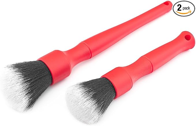 Detail Factory - Synthetic Detailing Brush Set - Long & Short Brush - Ultra-Soft Interior Car Cleaning Brushes for, Screens, Emblems, & Tight Spaces - Red
