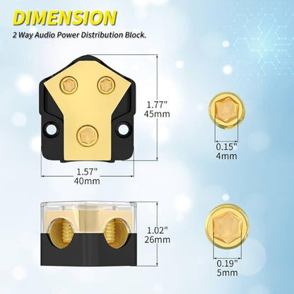 Joinfworld 12V Power Distribution Block Car Audio 2 Way Ground Distribution Block 0/2/4 Gauge in 4/8/10 Gauge Out 12 Volt Amp Distribution Block Splitter for Marine Automotive Car Boat