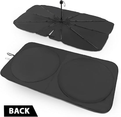 Universal Foldable Windshield Sunshade Sun Shade Umbrella 2PCS for Cars, Trucks & SUVs,Blocks Heat & Keeps Interior Cool,Long & Short Frequency Demand(Sunshade 62.99"x33.86",Umbrella 55.12"x31.5")