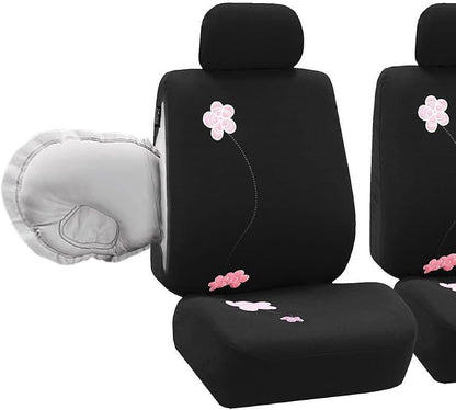 FH Group Car Seat Covers Floral Full Set Black Automotive Airbag and Split Rear Seat Cover Universal Fit Interior Accessories for Cars Trucks and SUV Car Accessories Van Seat Covers