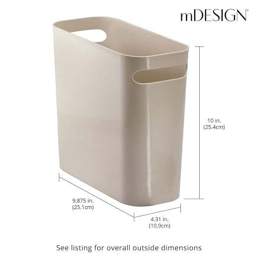 mDesign Plastic Small Trash Can, 1.5 Gallon/5.7-Liter Wastebasket, Narrow Garbage Bin with Handles for Bathroom, Laundry, Home Office - Taupe